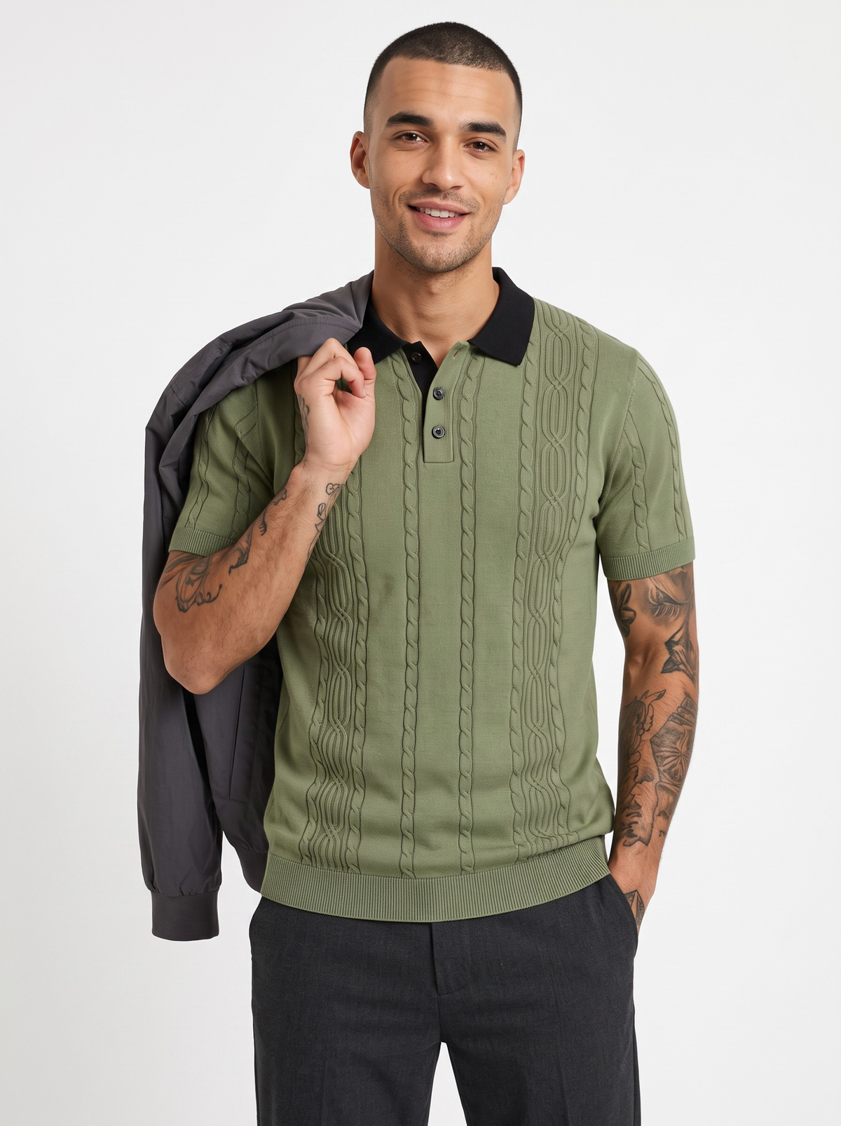 Fernline Cable Knit Polo - Sage Green & Black by Cord Cult - side view
