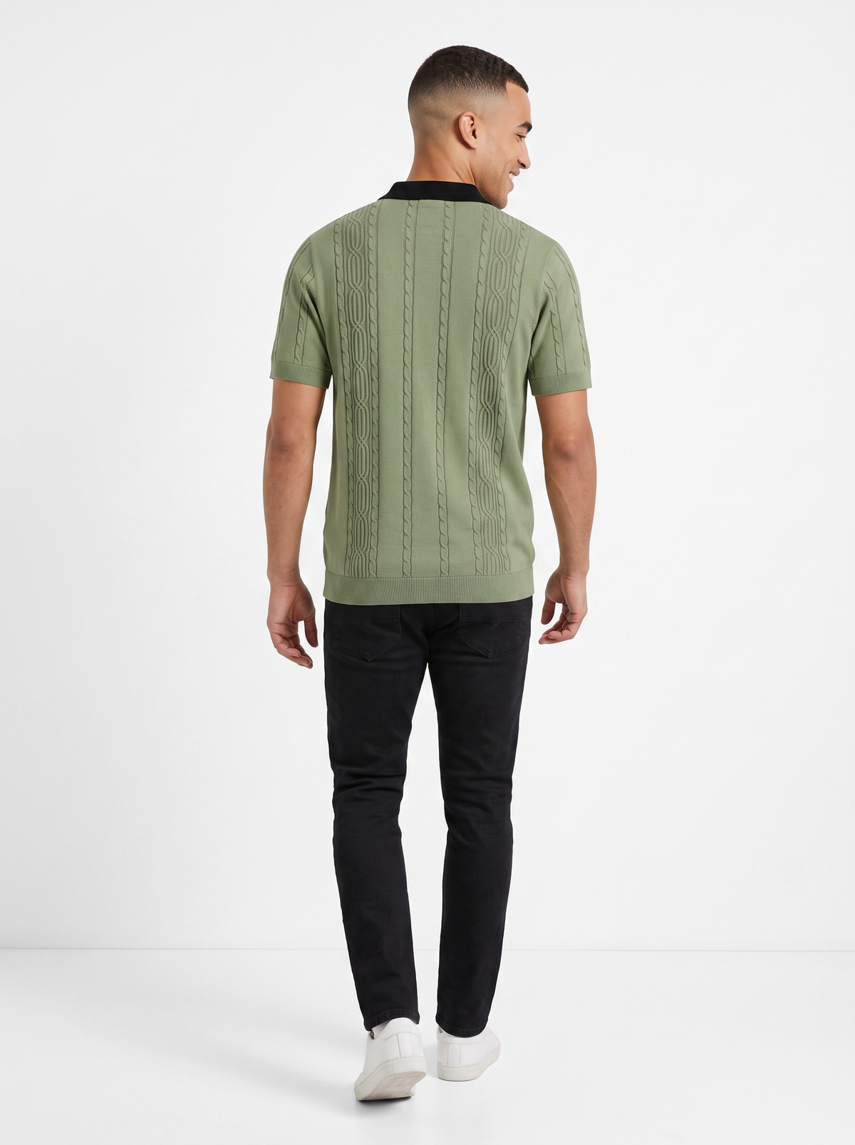 Fernline Cable Knit Polo - Sage Green & Black by Cord Cult - back view