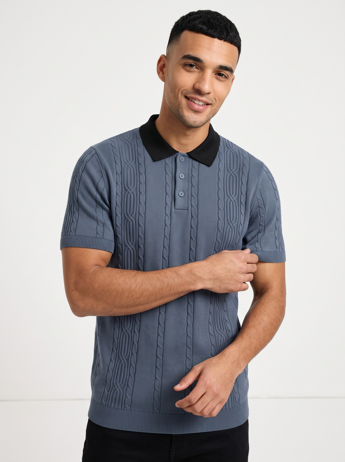Slate Axis Cable Knit Polo - Slate Blue & Black by Cord Cult - on-model view