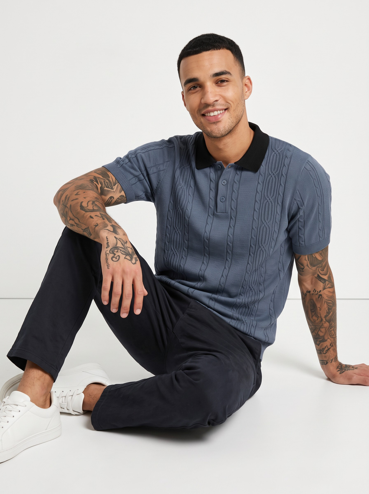 Slate Axis Cable Knit Polo - Slate Blue & Black by Cord Cult - styled view