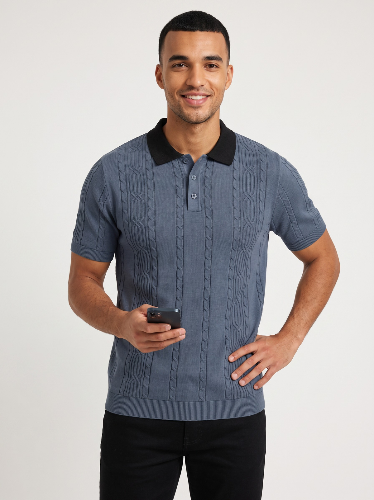 Slate Axis Cable Knit Polo - Slate Blue & Black by Cord Cult - side view