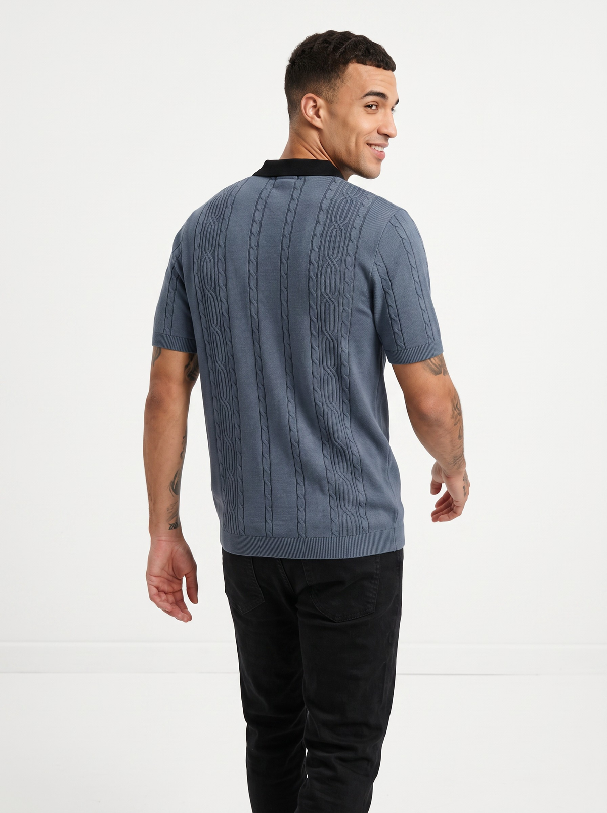 Slate Axis Cable Knit Polo - Slate Blue & Black by Cord Cult - back view