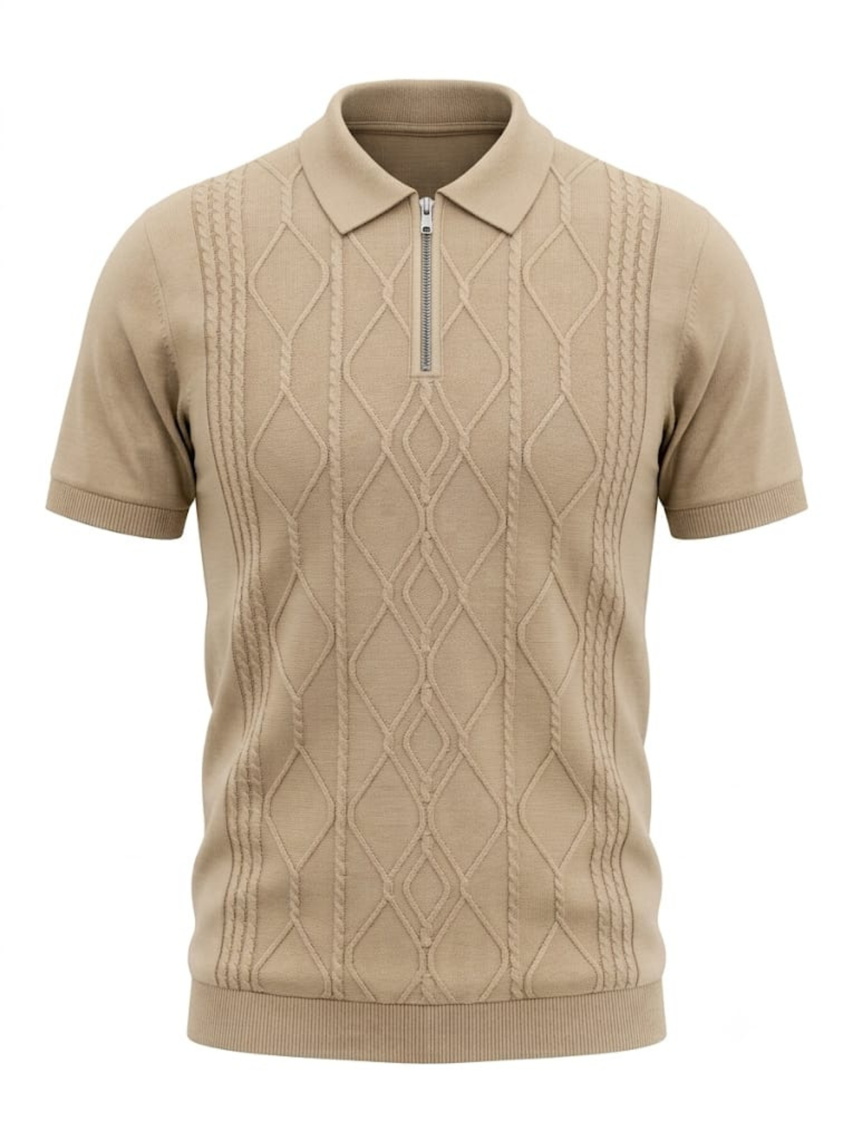 Atlas Cable Zip Knit Polo - Beige by Cord Cult - front view