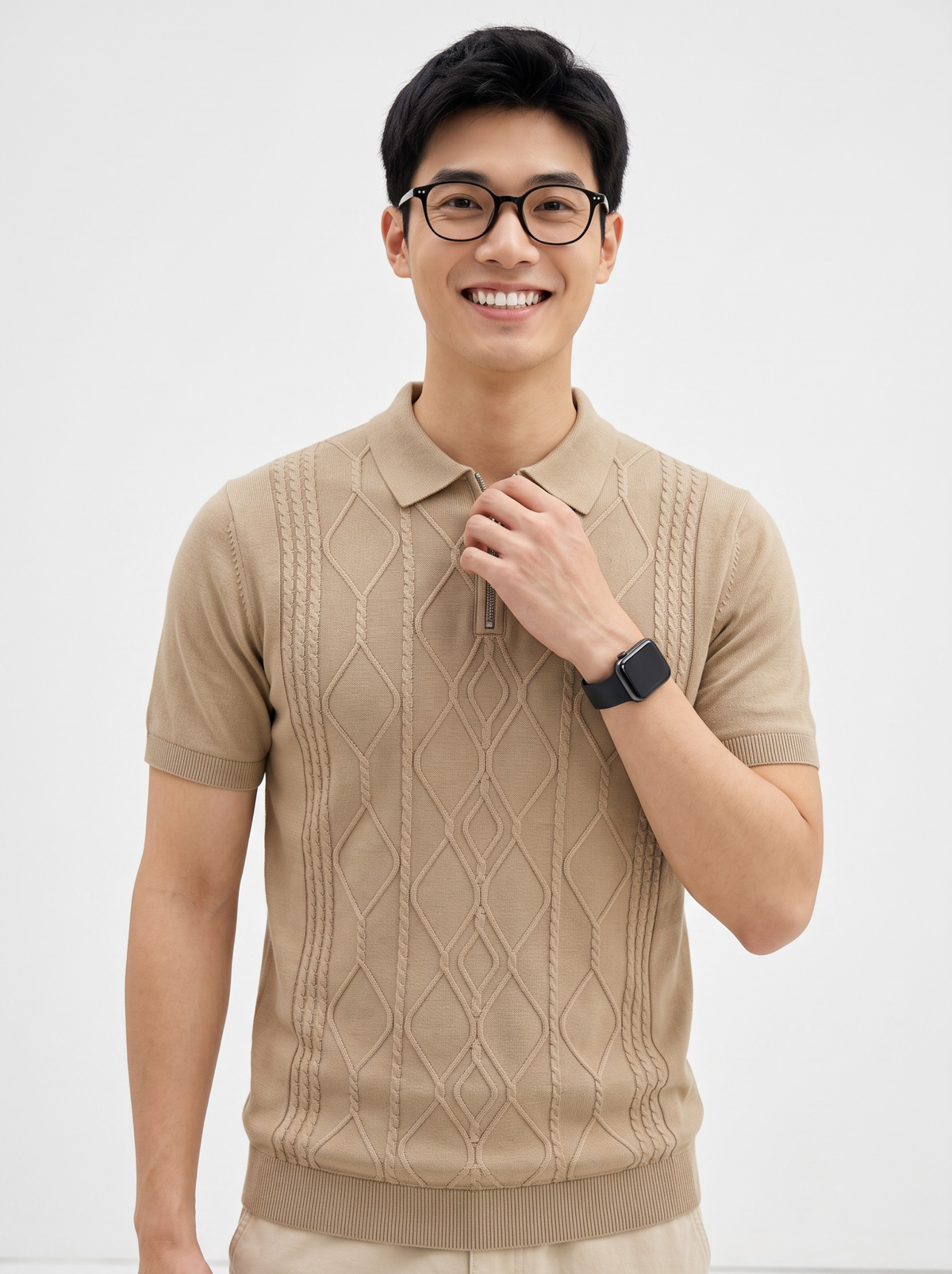 Atlas Cable Zip Knit Polo - Beige by Cord Cult - on-model view