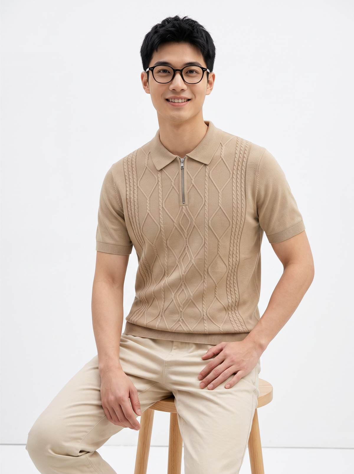 Atlas Cable Zip Knit Polo - Beige by Cord Cult - styled view