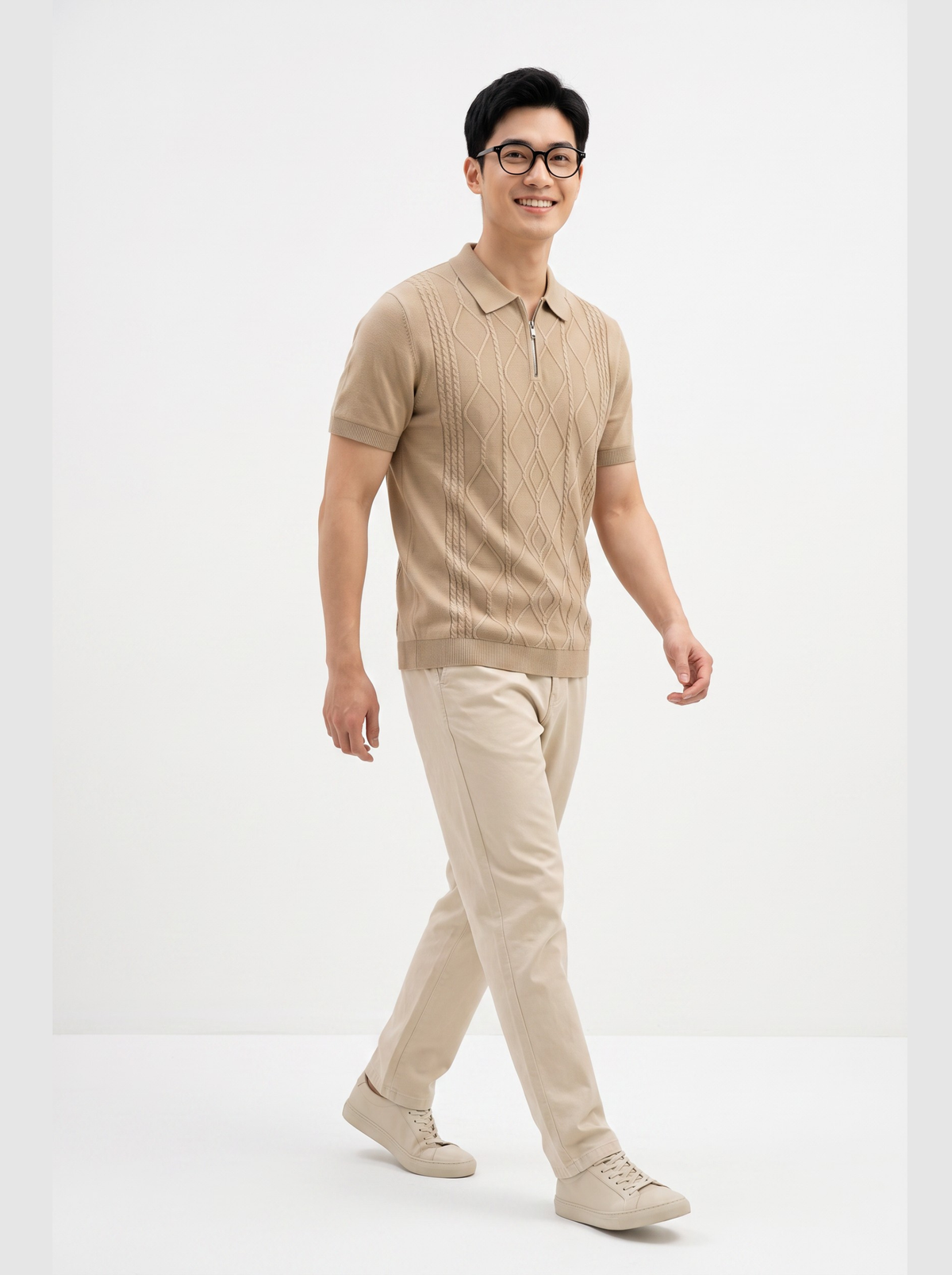 Atlas Cable Zip Knit Polo - Beige by Cord Cult - side view
