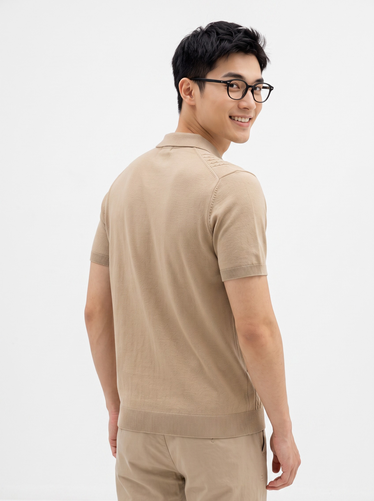 Atlas Cable Zip Knit Polo - Beige by Cord Cult - back view