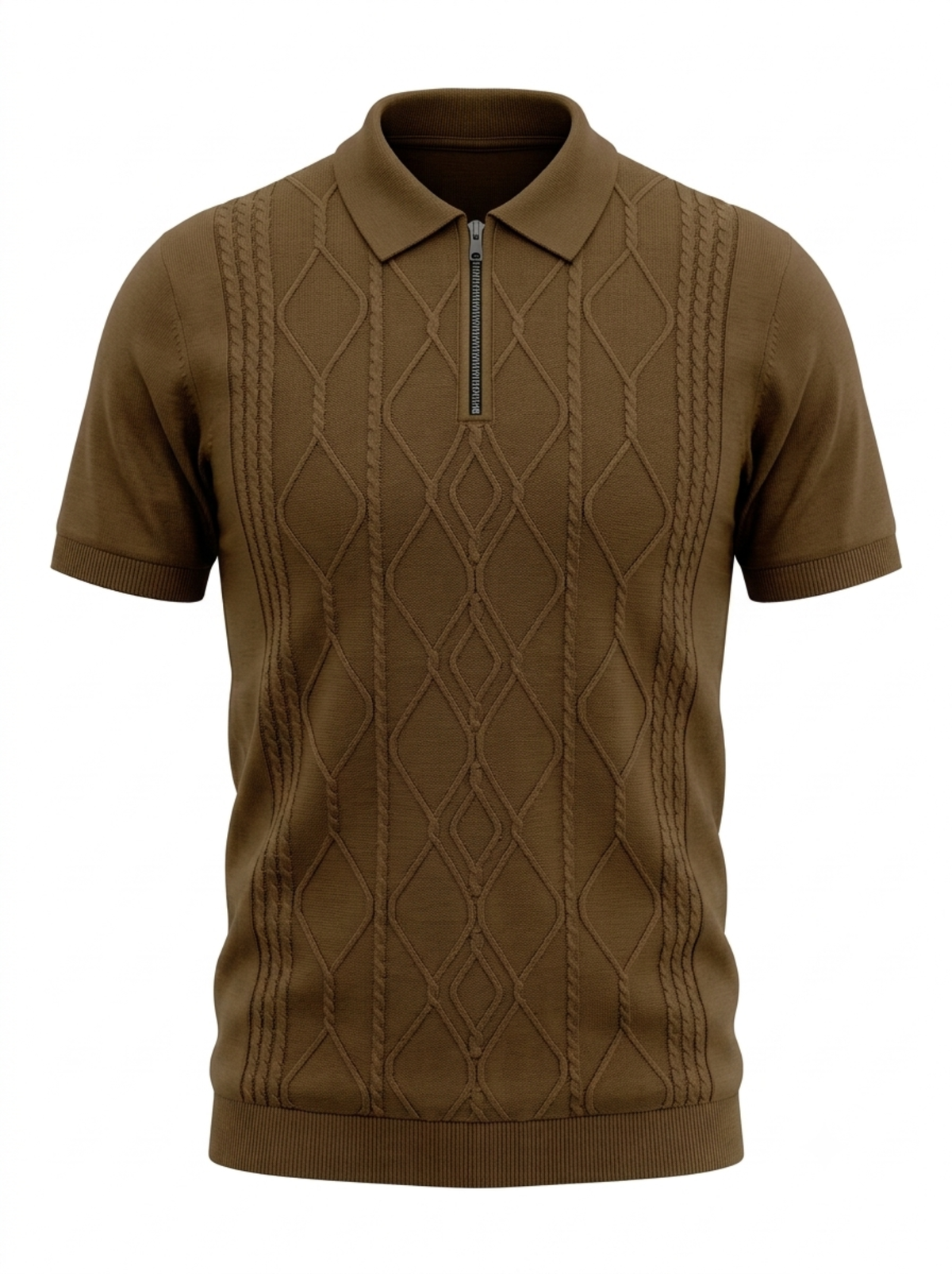 Bronze Cable Zip Knit Polo - Brown by Cord Cult - front view