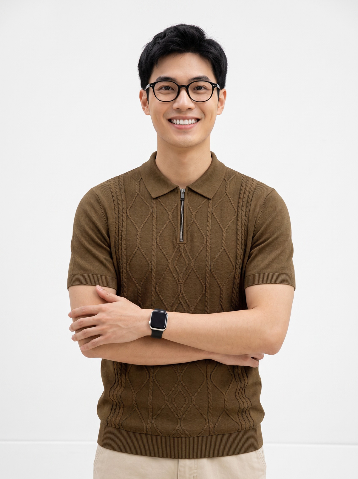 Bronze Cable Zip Knit Polo - Brown by Cord Cult - on-model view