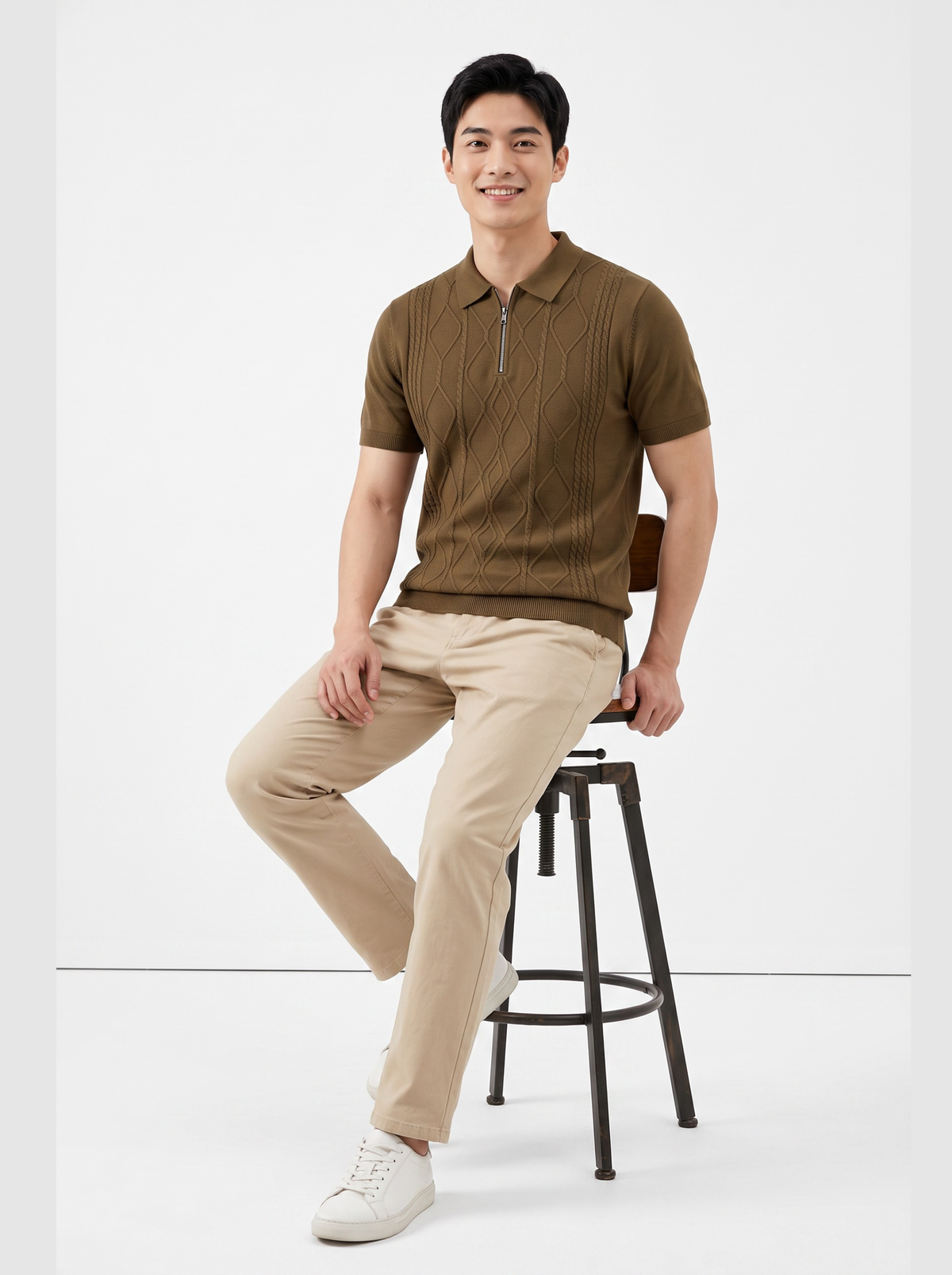 Bronze Cable Zip Knit Polo - Brown by Cord Cult - styled view