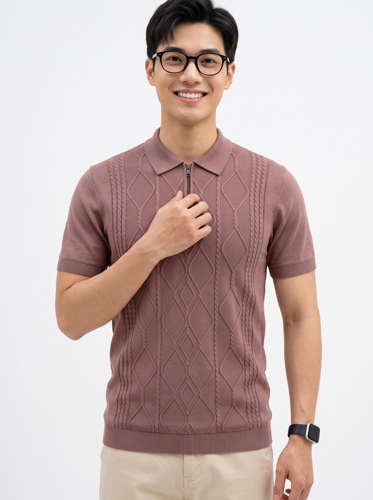 Rosa Vale Cable Zip Knit Polo - Dusty Rose by Cord Cult - on-model view