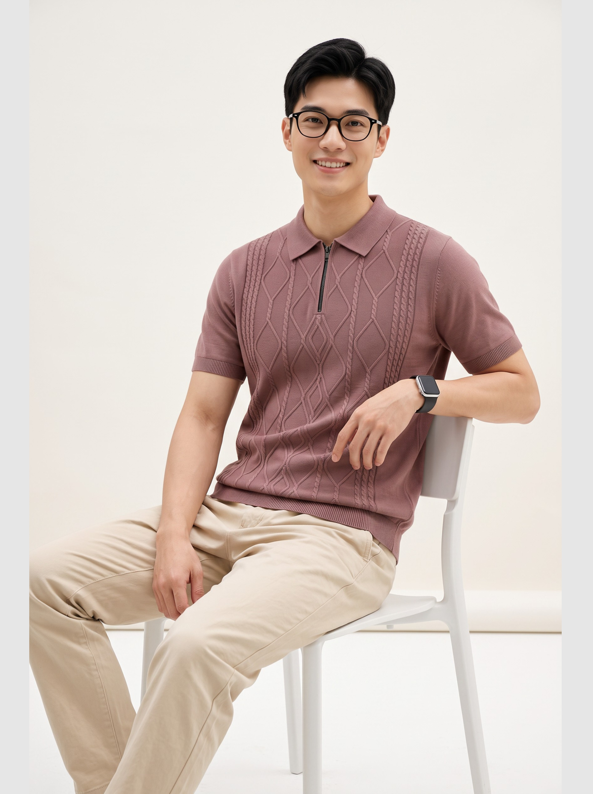 Rosa Vale Cable Zip Knit Polo - Dusty Rose by Cord Cult - styled view