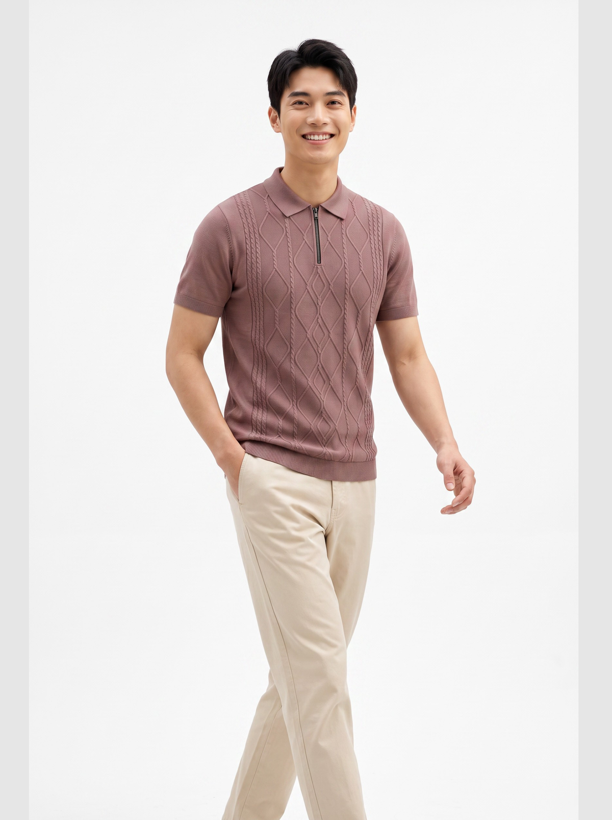 Rosa Vale Cable Zip Knit Polo - Dusty Rose by Cord Cult - side view