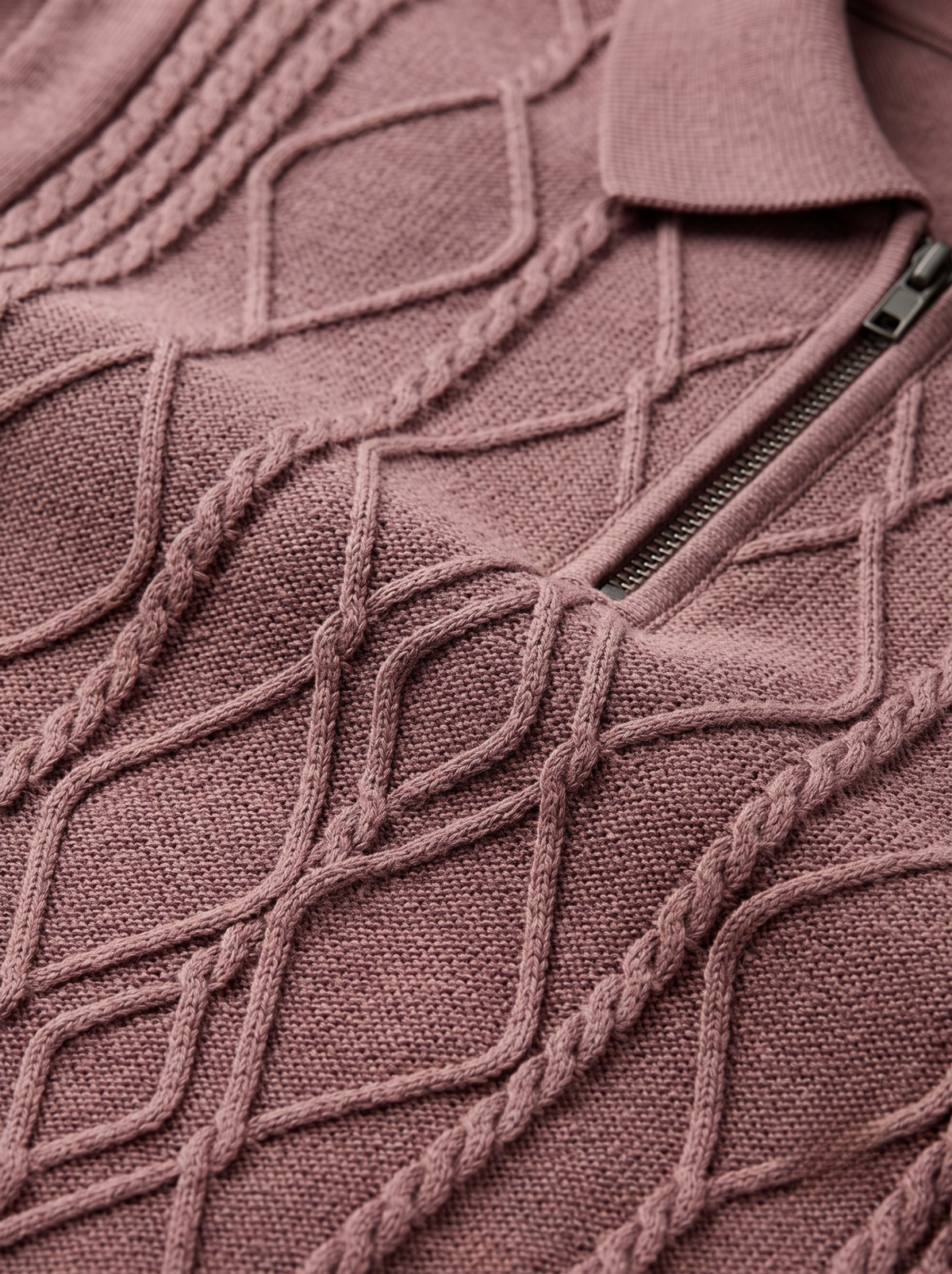 Rosa Vale Cable Zip Knit Polo - Dusty Rose by Cord Cult - detail view