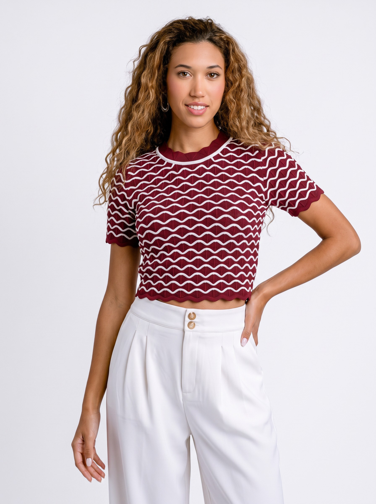 Crimson Ripple Knit Crop Top - Red by Cord Cult - on-model view