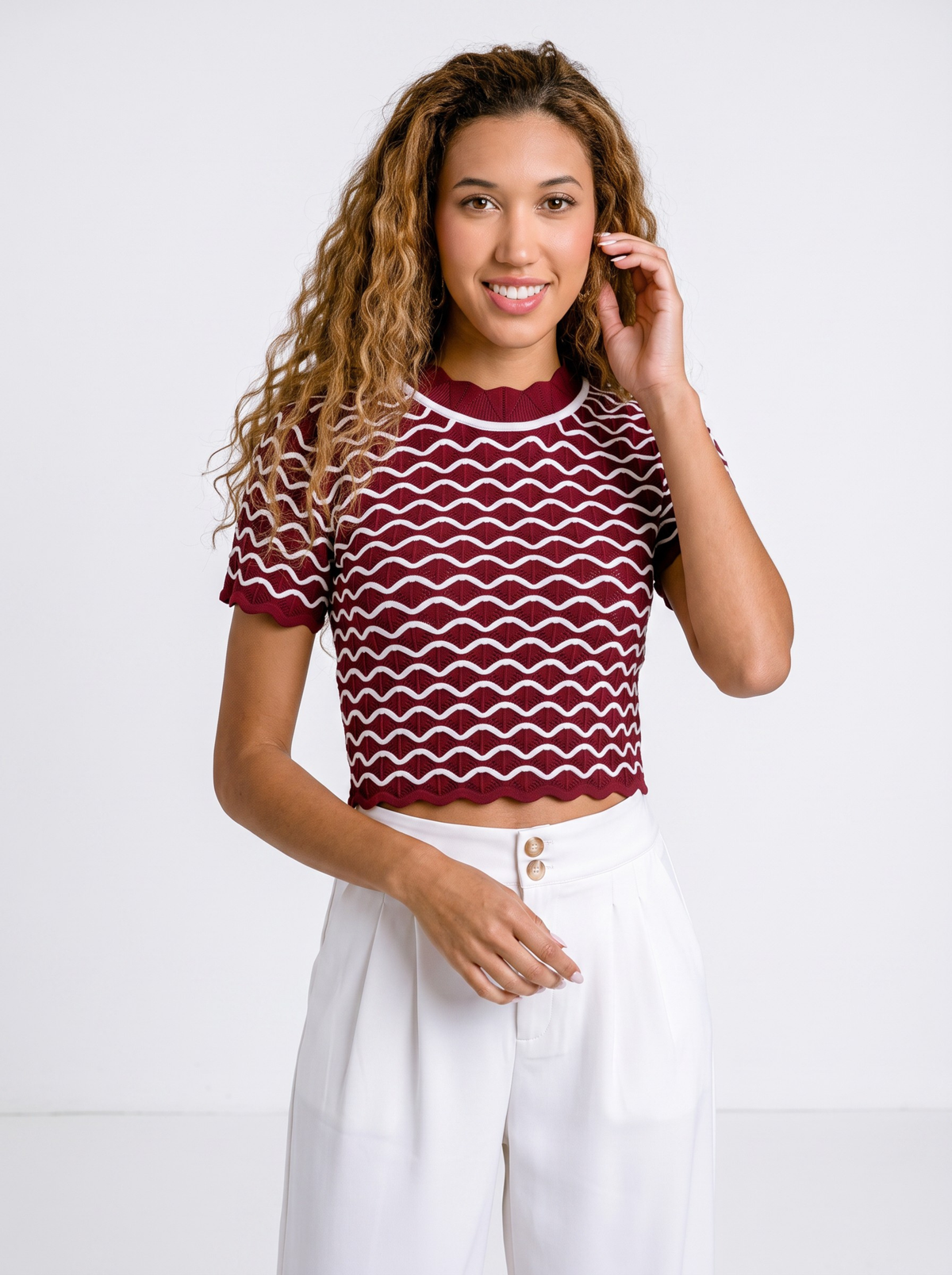 Crimson Ripple Knit Crop Top - Red by Cord Cult - styled view