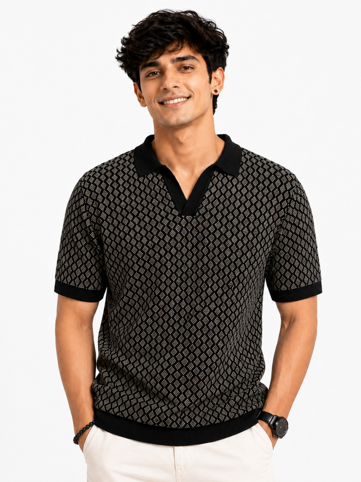 Onyx Diamond Jacquard Knit Polo - Black & Grey by Cord Cult - on-model view