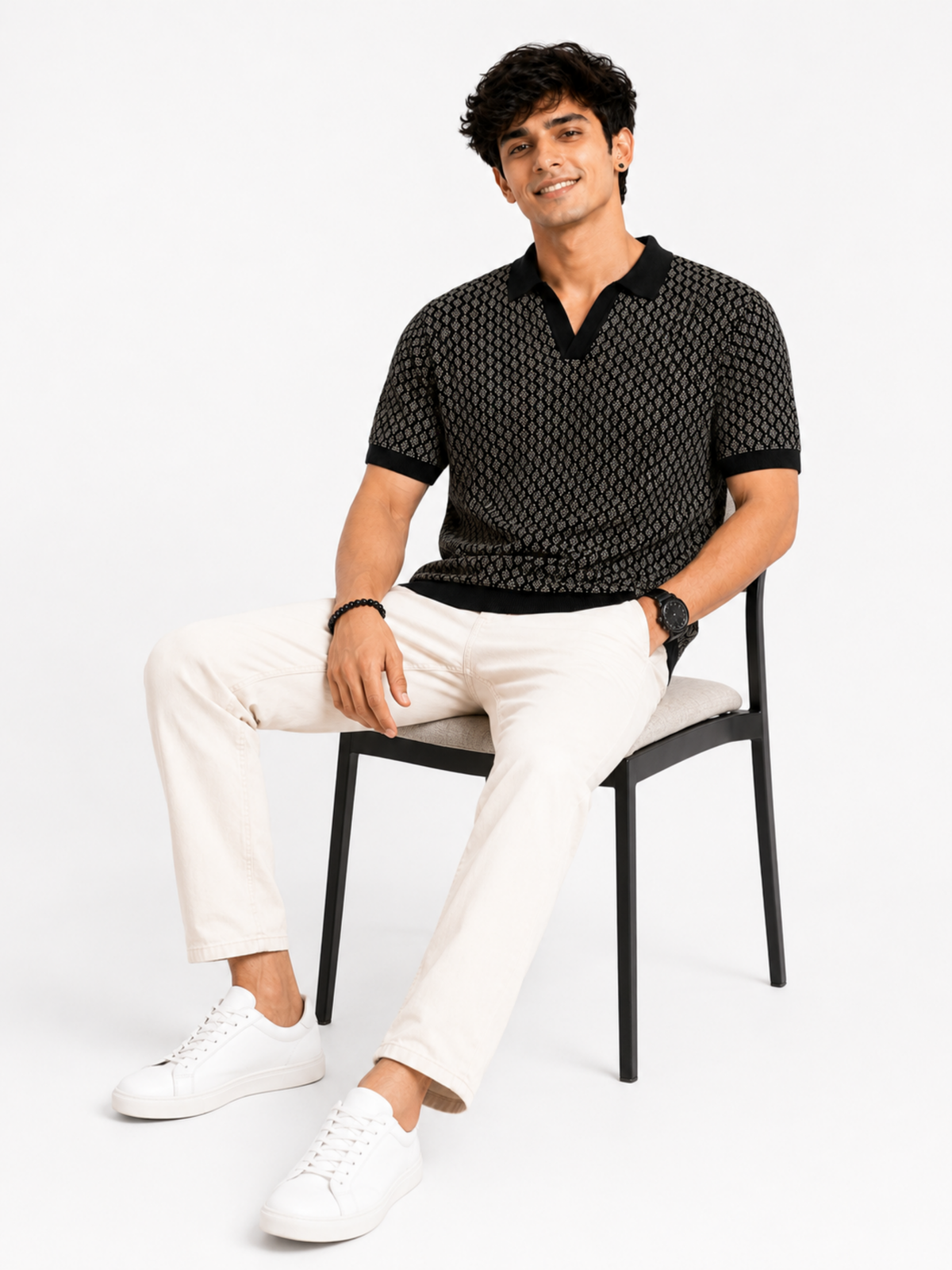 Onyx Diamond Jacquard Knit Polo - Black & Grey by Cord Cult - styled view