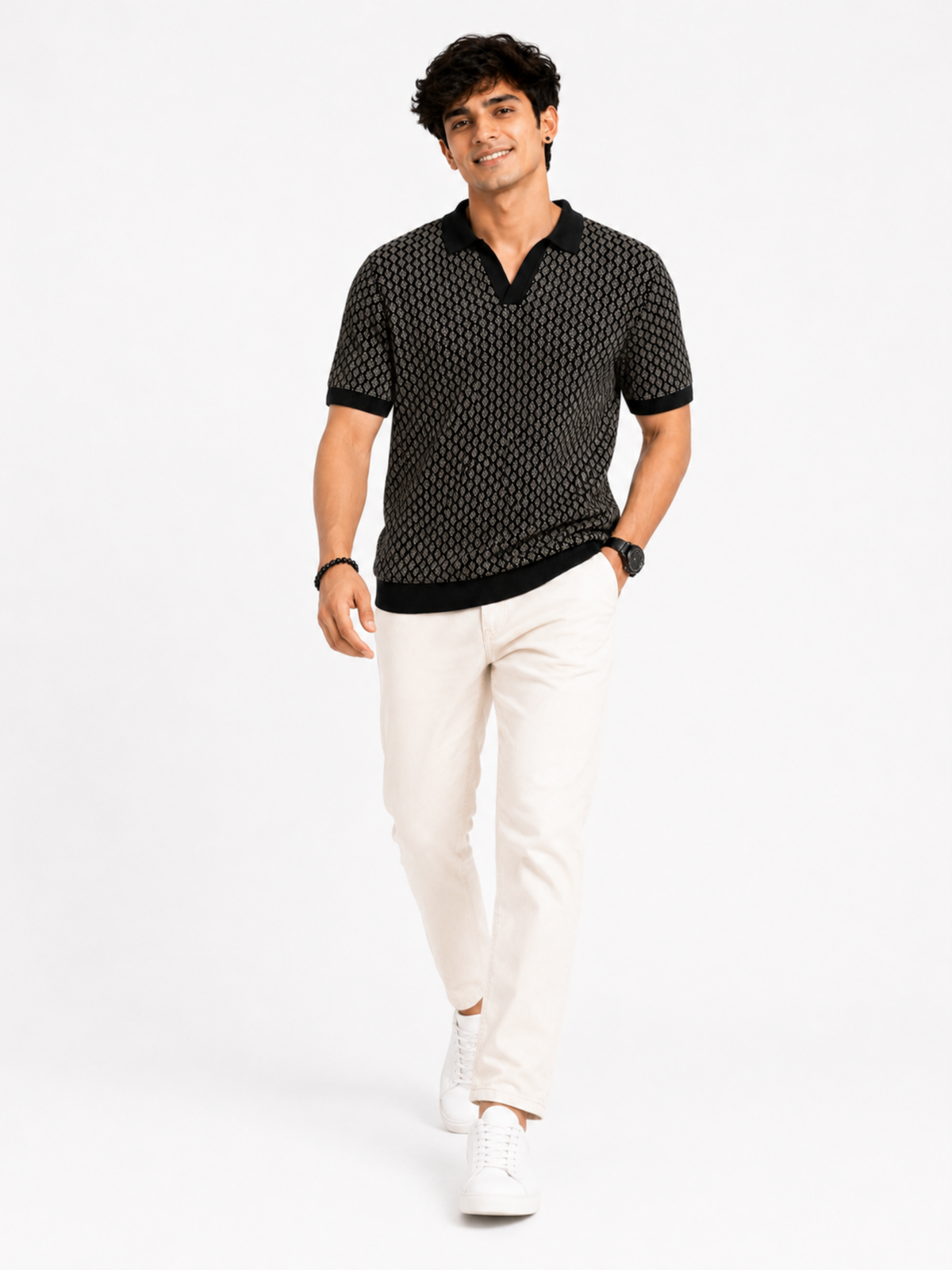 Onyx Diamond Jacquard Knit Polo - Black & Grey by Cord Cult - side view