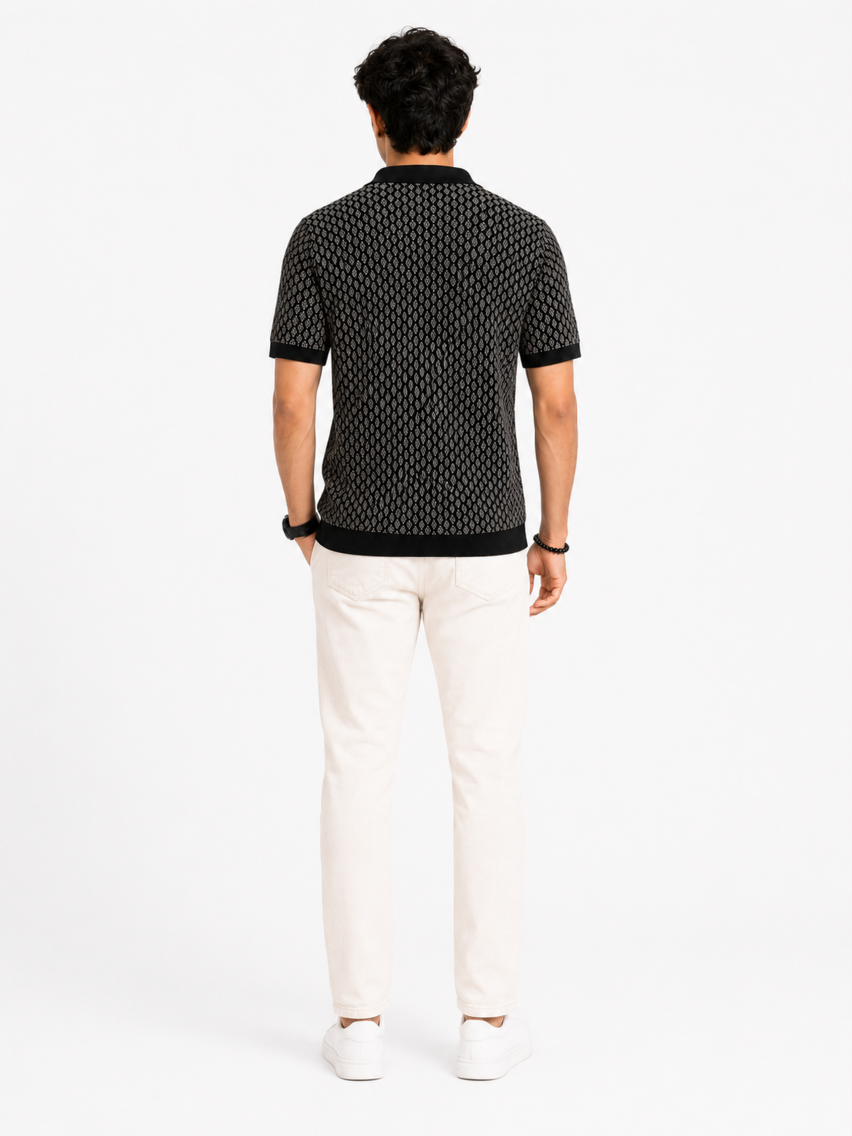 Onyx Diamond Jacquard Knit Polo - Black & Grey by Cord Cult - back view