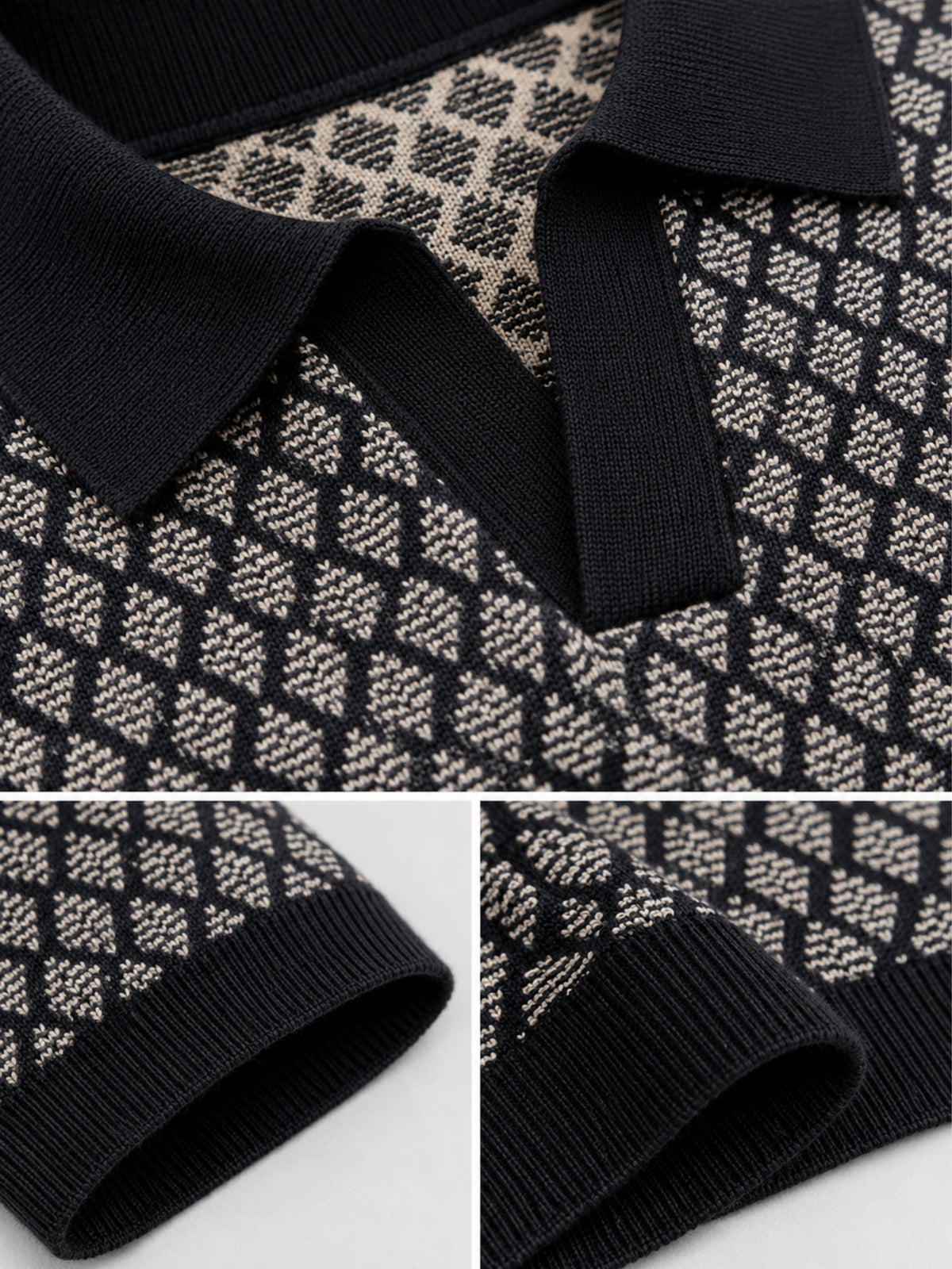 Onyx Diamond Jacquard Knit Polo - Black & Grey by Cord Cult - detail view
