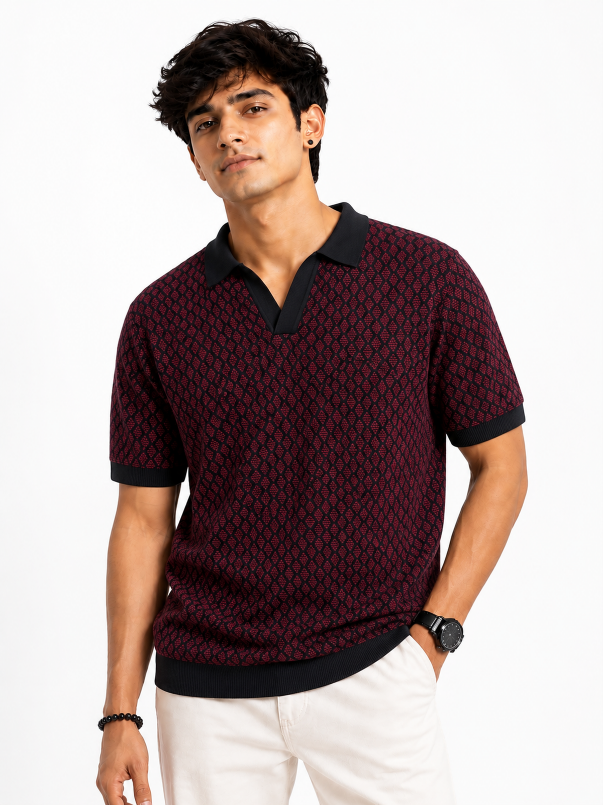 Merlot Diamond Jacquard Knit Polo - Burgundy & Black by Cord Cult - on-model view