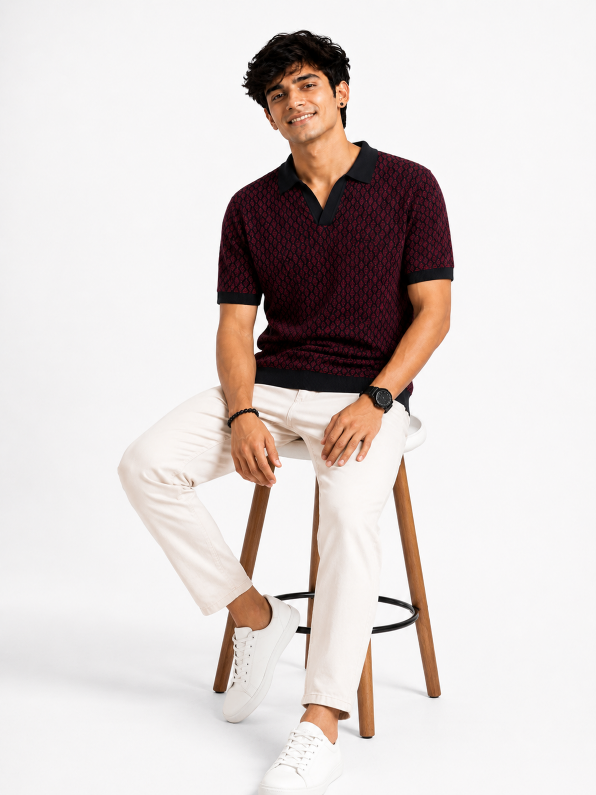 Merlot Diamond Jacquard Knit Polo - Burgundy & Black by Cord Cult - styled view