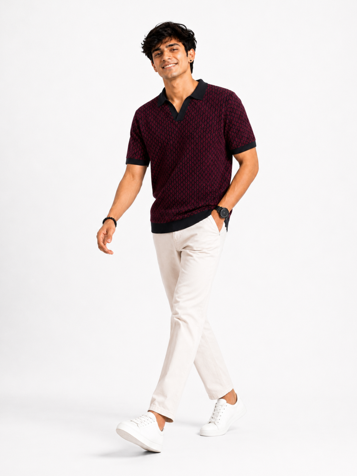 Merlot Diamond Jacquard Knit Polo - Burgundy & Black by Cord Cult - side view
