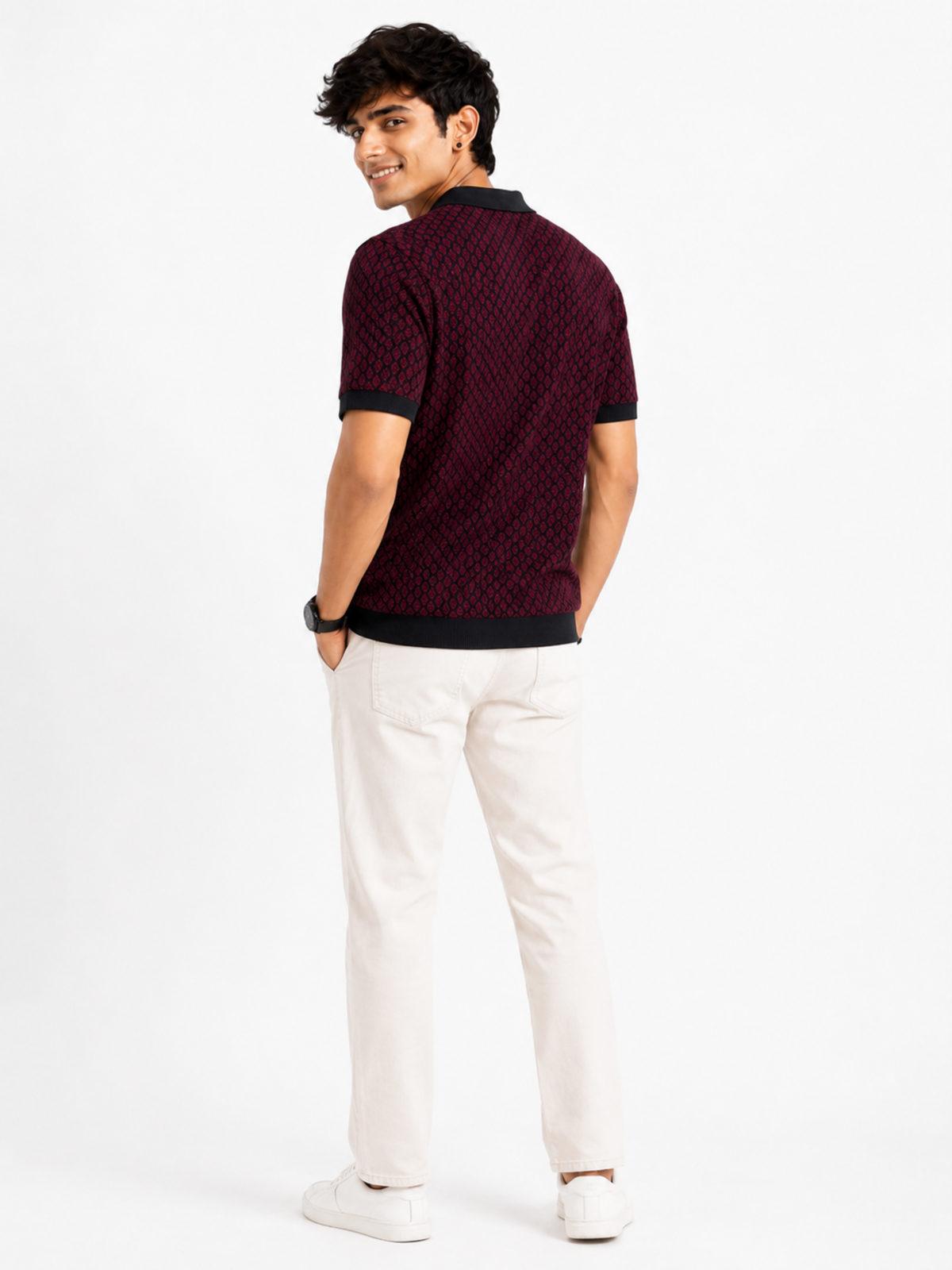 Merlot Diamond Jacquard Knit Polo - Burgundy & Black by Cord Cult - back view