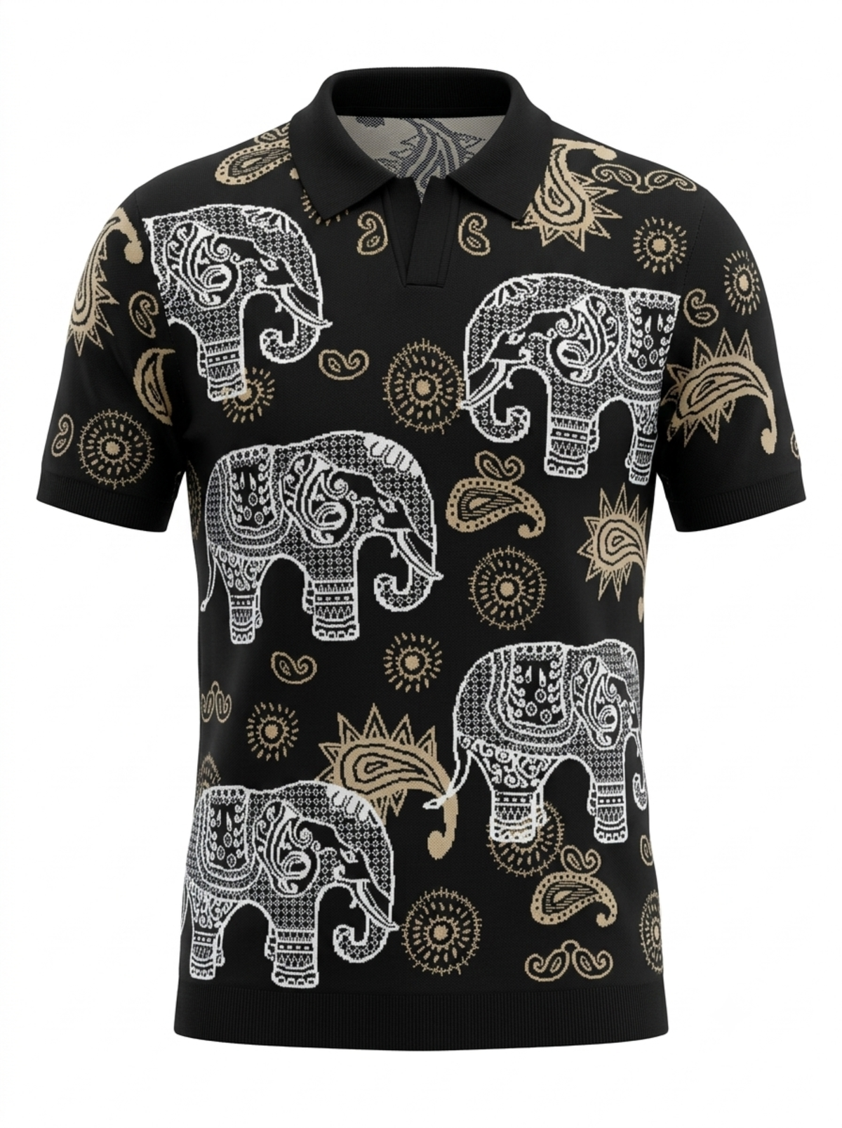 Noir Caravan Elephant Paisley Polo - Black & Beige by Cord Cult - front view