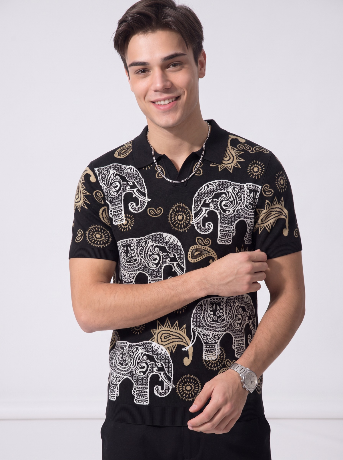 Noir Caravan Elephant Paisley Polo - Black & Beige by Cord Cult - on-model view
