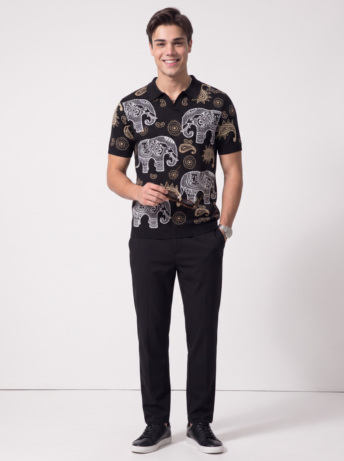 Noir Caravan Elephant Paisley Polo - Black & Beige by Cord Cult - styled view