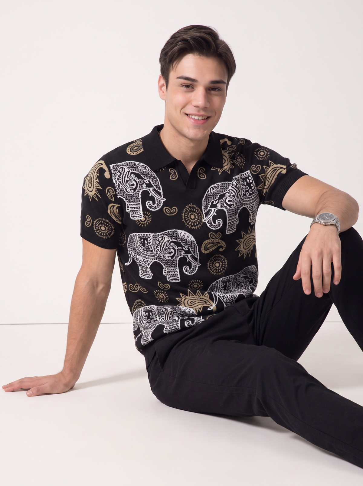 Noir Caravan Elephant Paisley Polo - Black & Beige by Cord Cult - side view