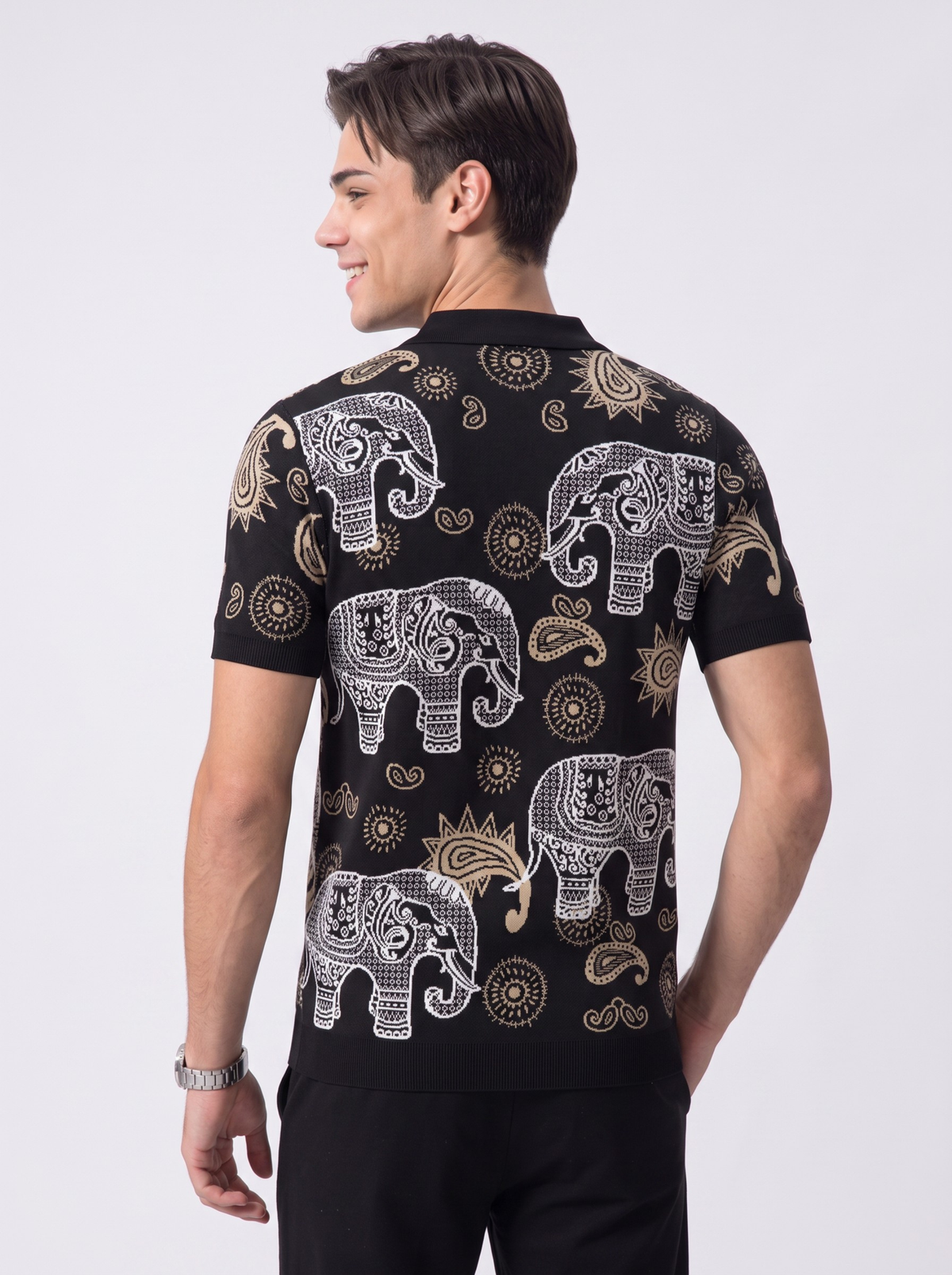 Noir Caravan Elephant Paisley Polo - Black & Beige by Cord Cult - back view