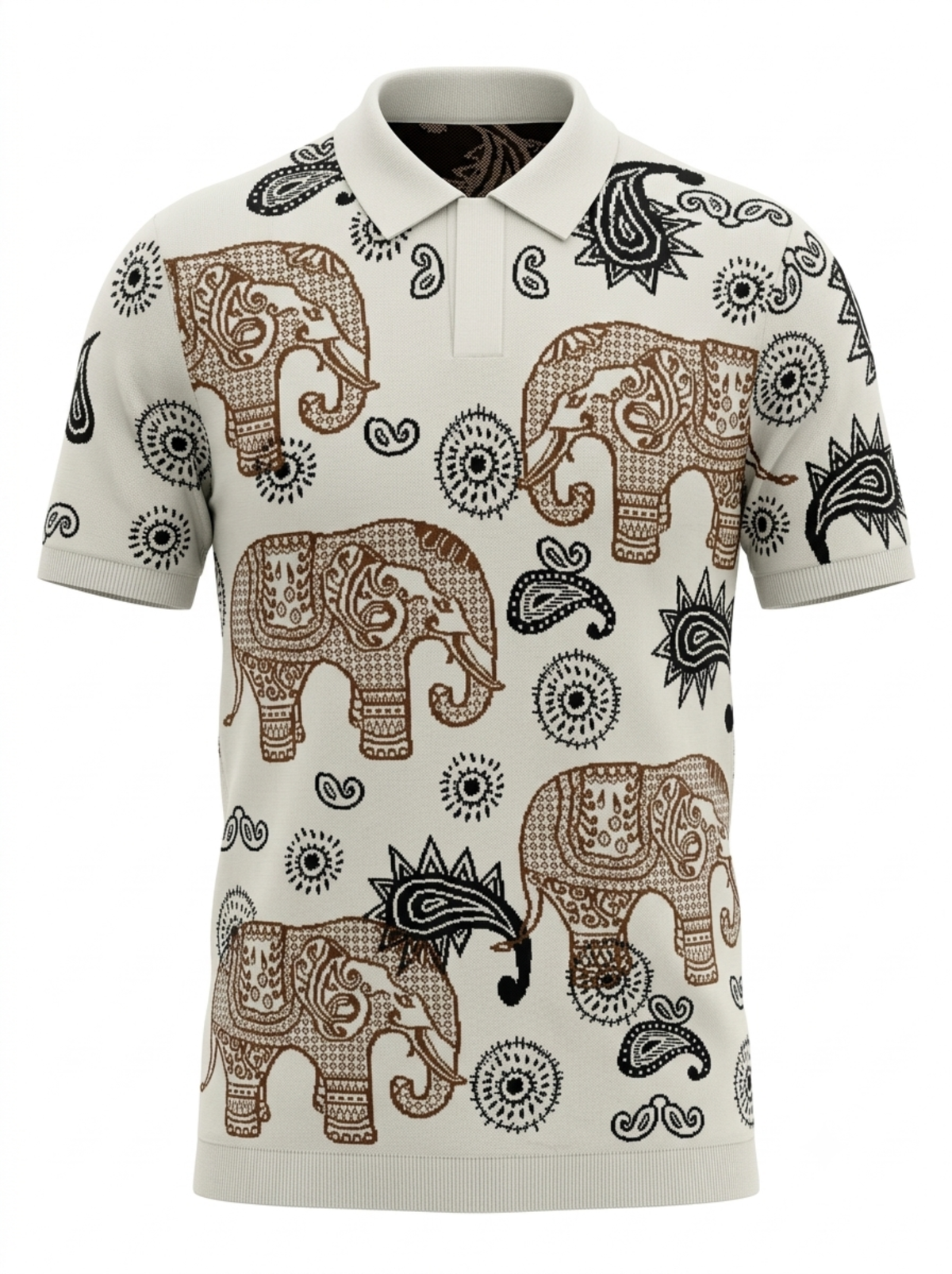 Marrakesh Elephant Paisley Polo - Cream & Brown by Cord Cult - front view