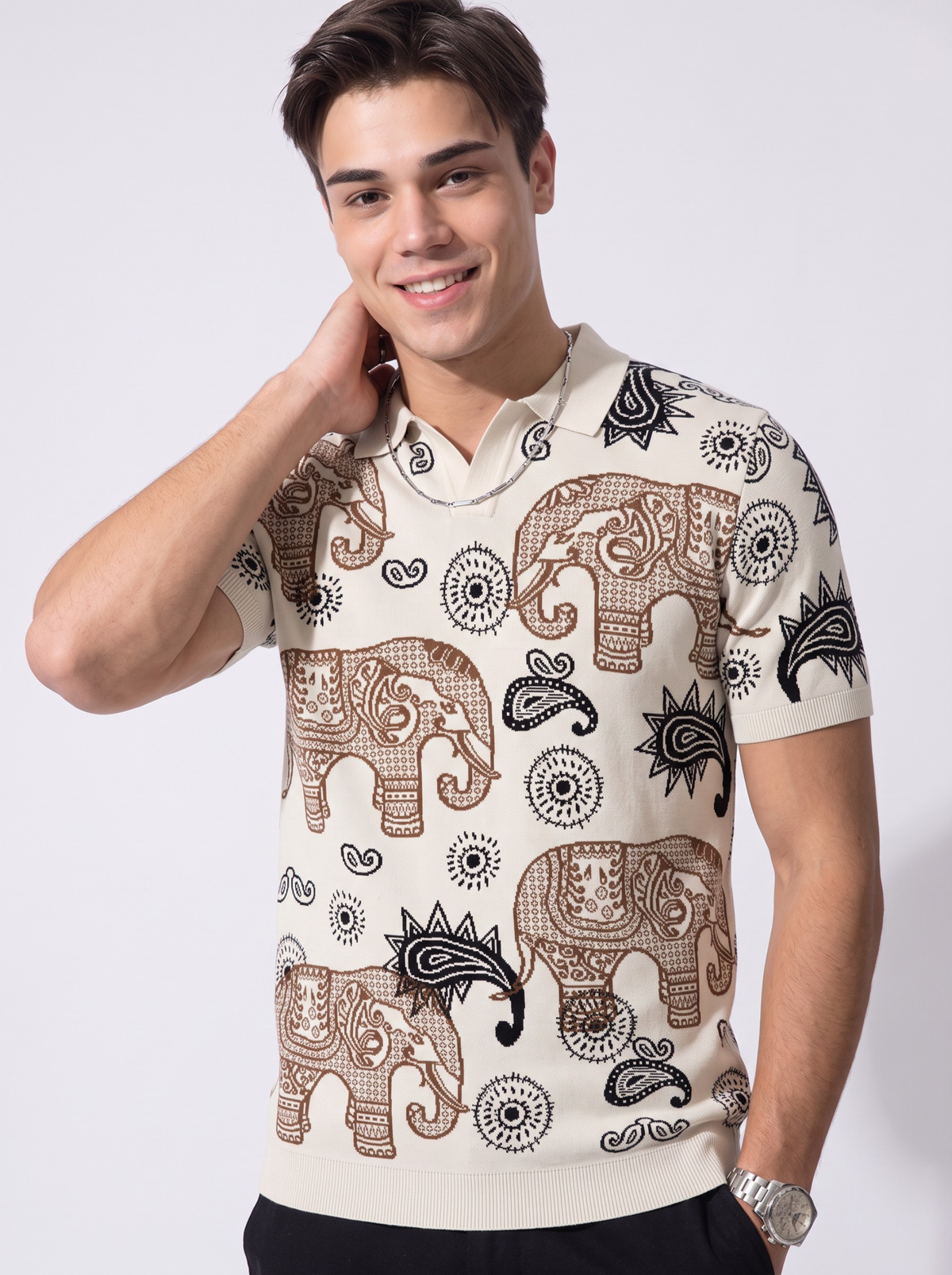 Marrakesh Elephant Paisley Polo - Cream & Brown by Cord Cult - on-model view