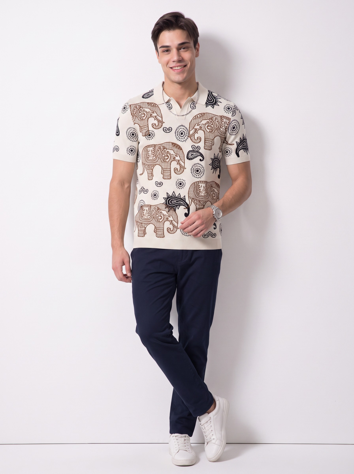 Marrakesh Elephant Paisley Polo - Cream & Brown by Cord Cult - styled view