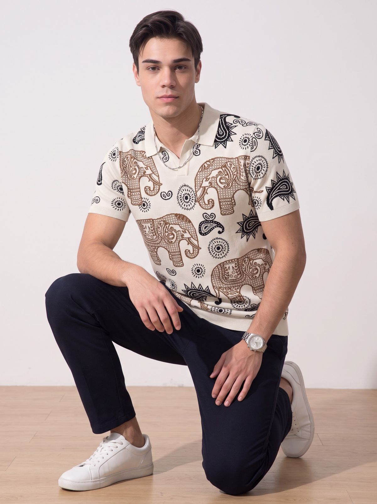 Marrakesh Elephant Paisley Polo - Cream & Brown by Cord Cult - side view