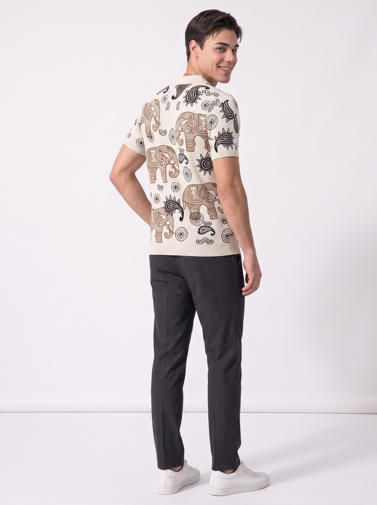 Marrakesh Elephant Paisley Polo - Cream & Brown by Cord Cult - back view