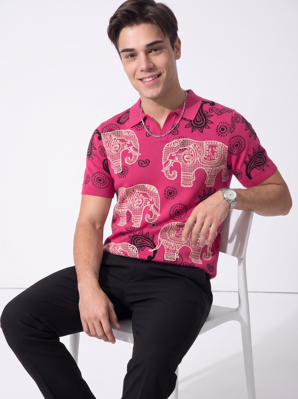 Fuchsia Orbit Elephant Paisley Polo - Fuchsia & Black by Cord Cult - on-model view