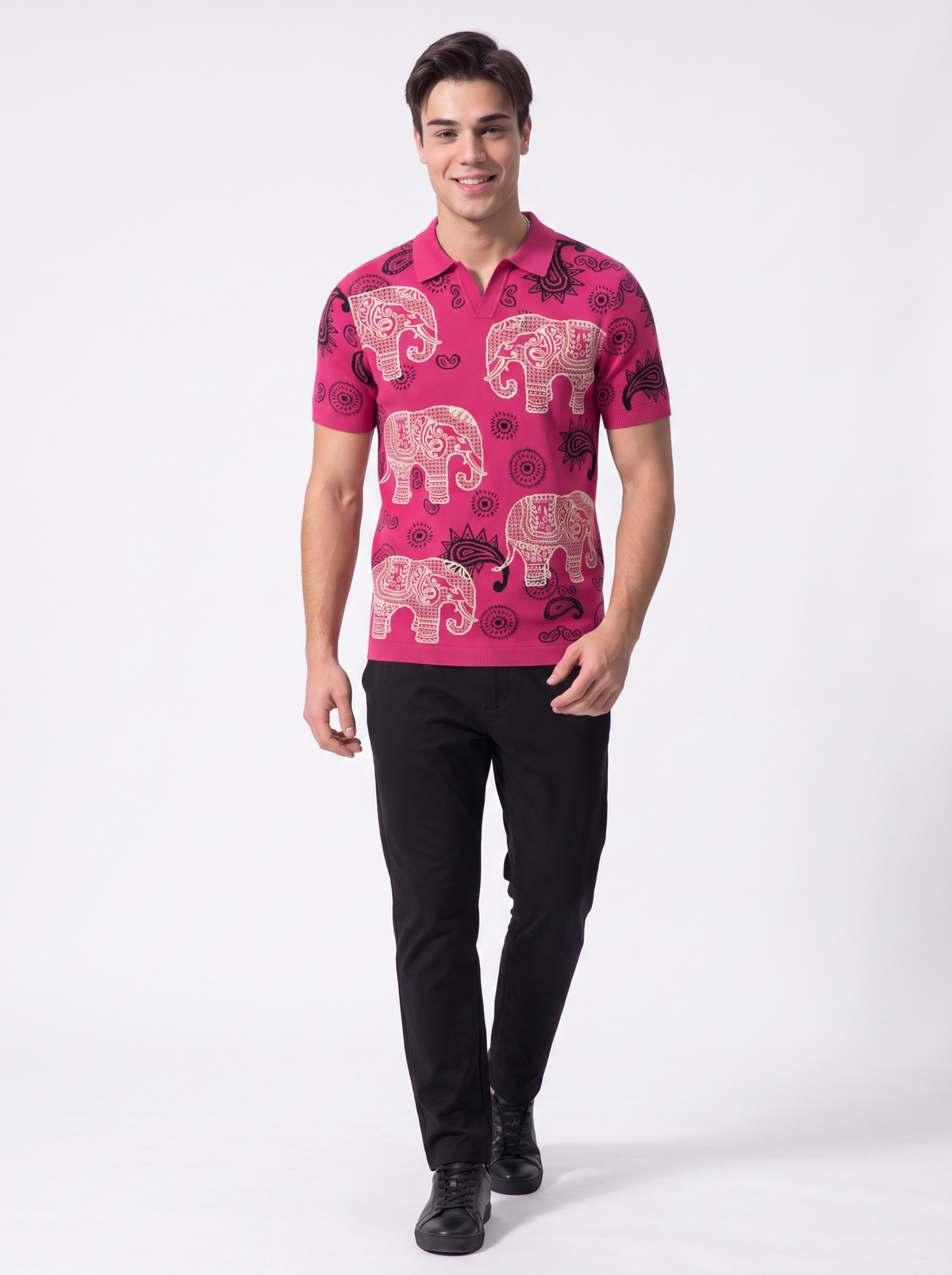 Fuchsia Orbit Elephant Paisley Polo - Fuchsia & Black by Cord Cult - styled view