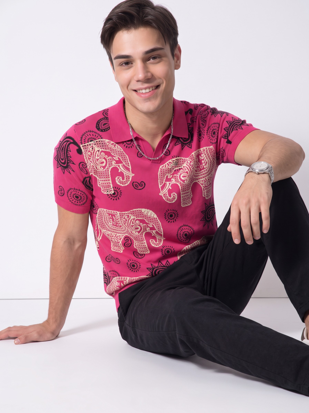Fuchsia Orbit Elephant Paisley Polo - Fuchsia & Black by Cord Cult - side view