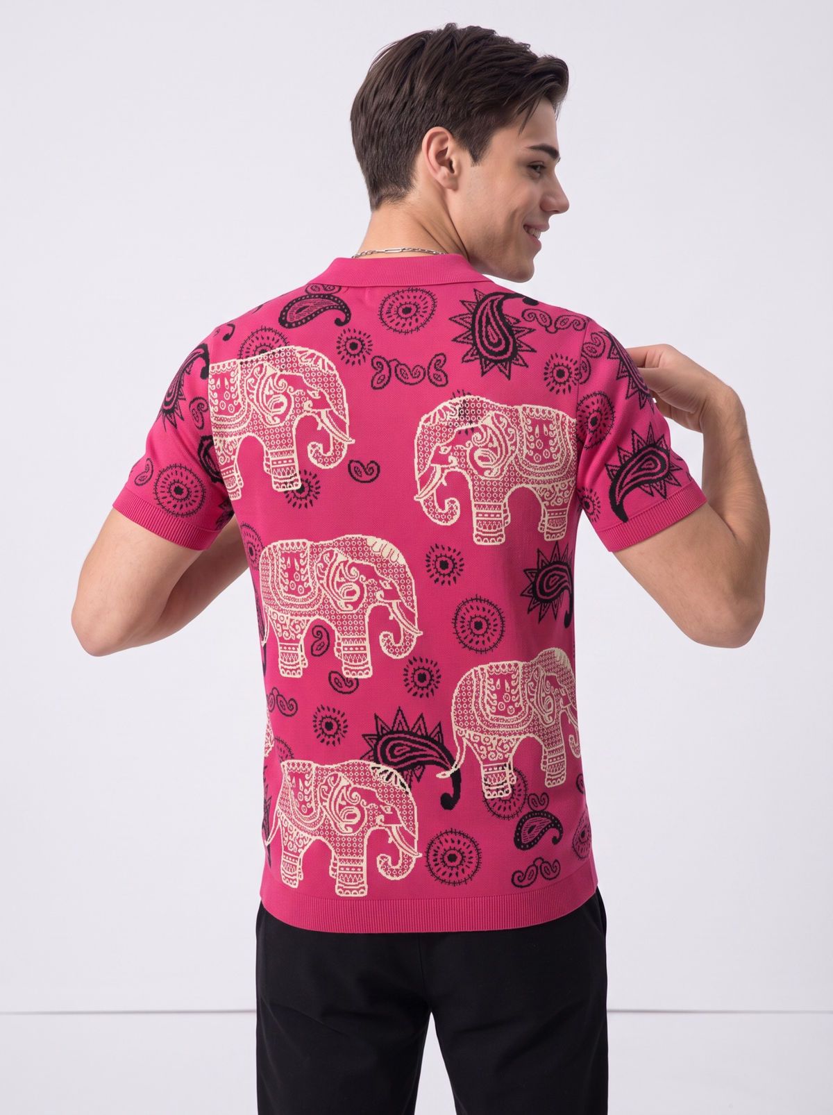 Fuchsia Orbit Elephant Paisley Polo - Fuchsia & Black by Cord Cult - back view