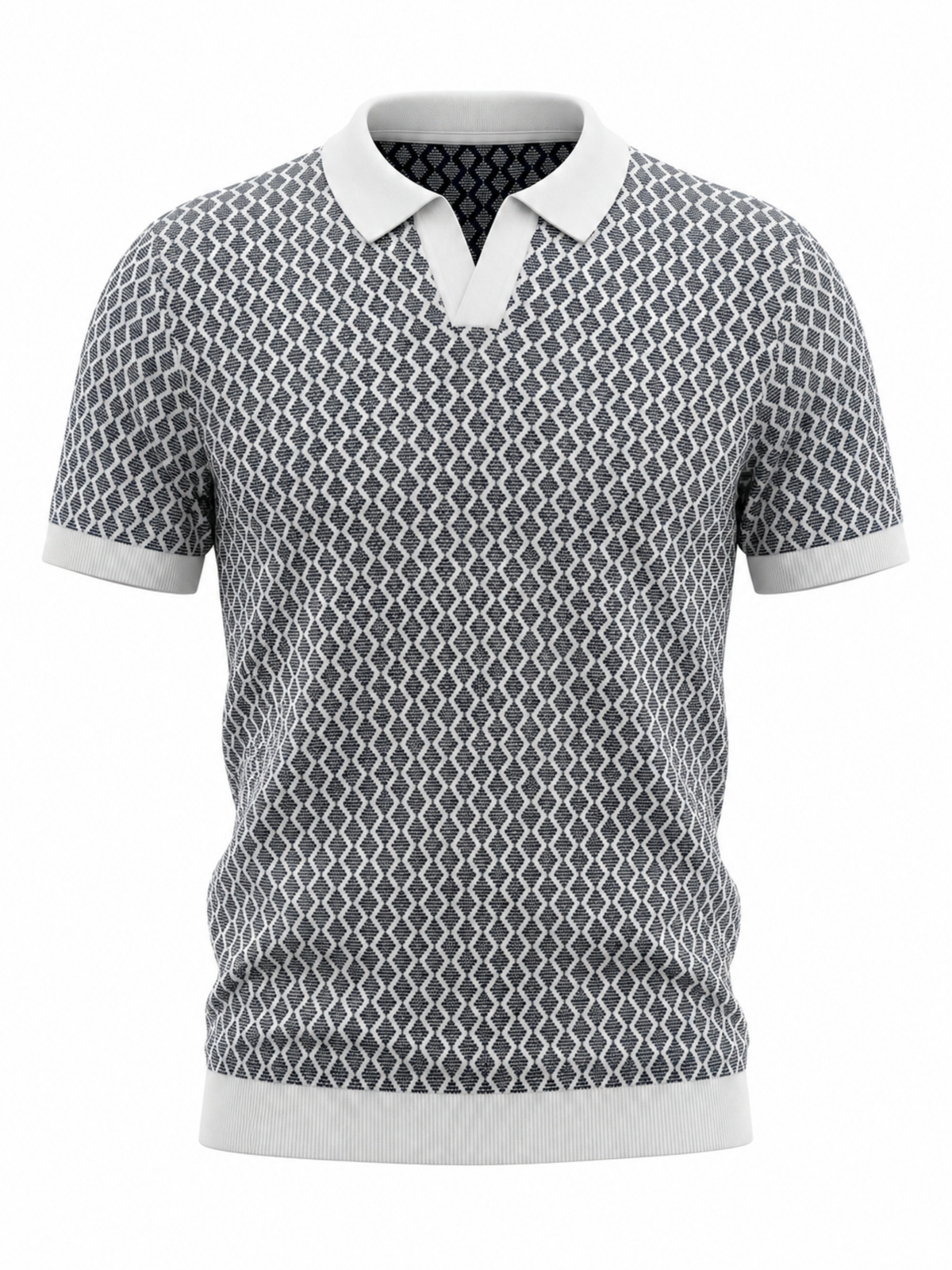 Slate Mosaic Geometric Jacquard Knit Polo - Grey & White by Cord Cult - front view