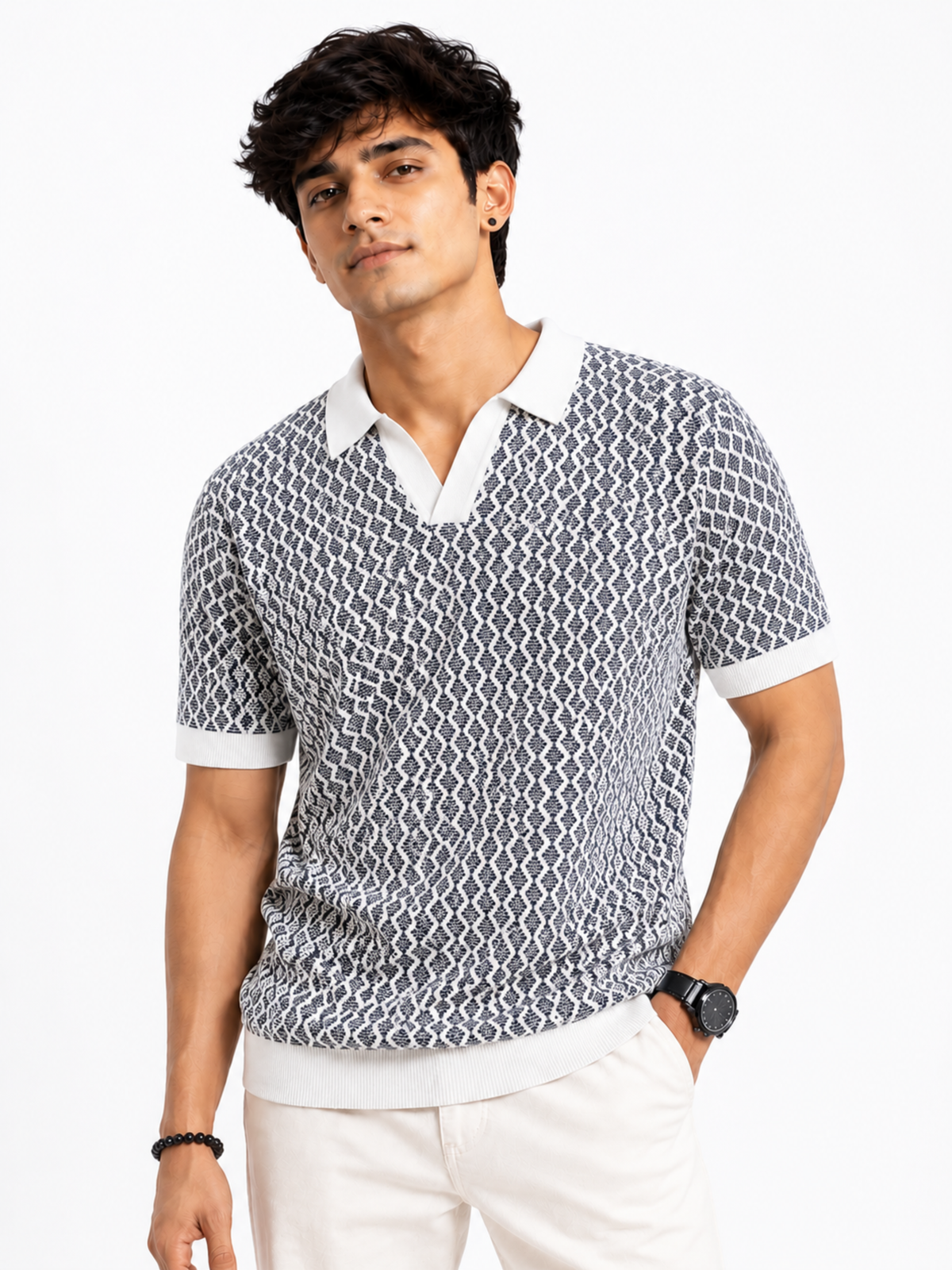 Slate Mosaic Geometric Jacquard Knit Polo - Grey & White by Cord Cult - on-model view