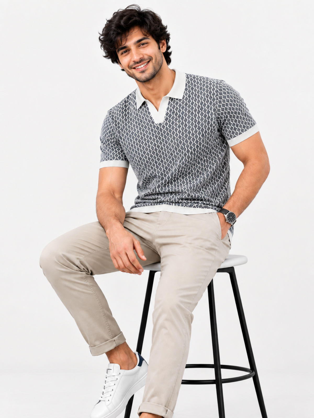 Slate Mosaic Geometric Jacquard Knit Polo - Grey & White by Cord Cult - styled view