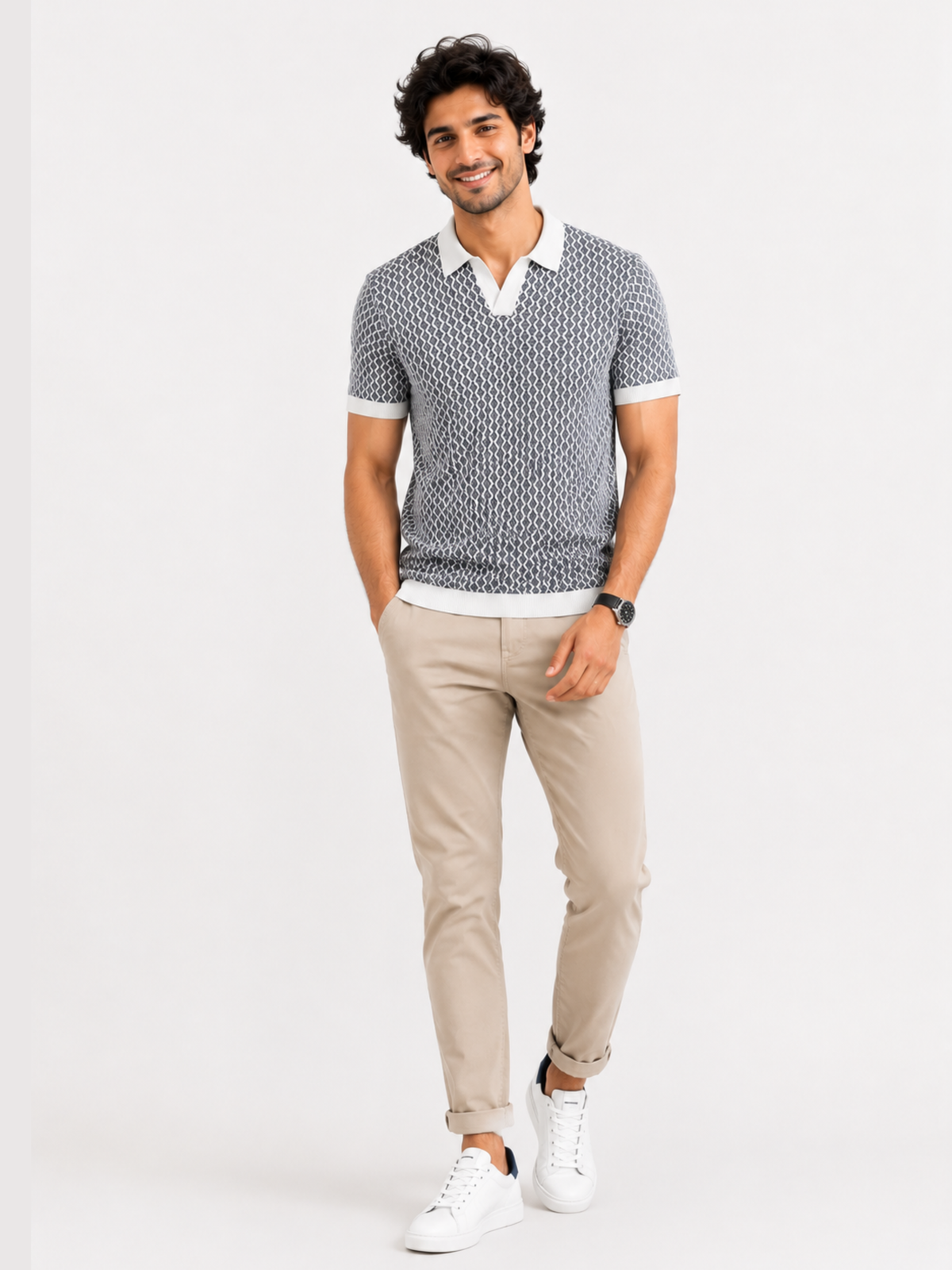 Slate Mosaic Geometric Jacquard Knit Polo - Grey & White by Cord Cult - side view