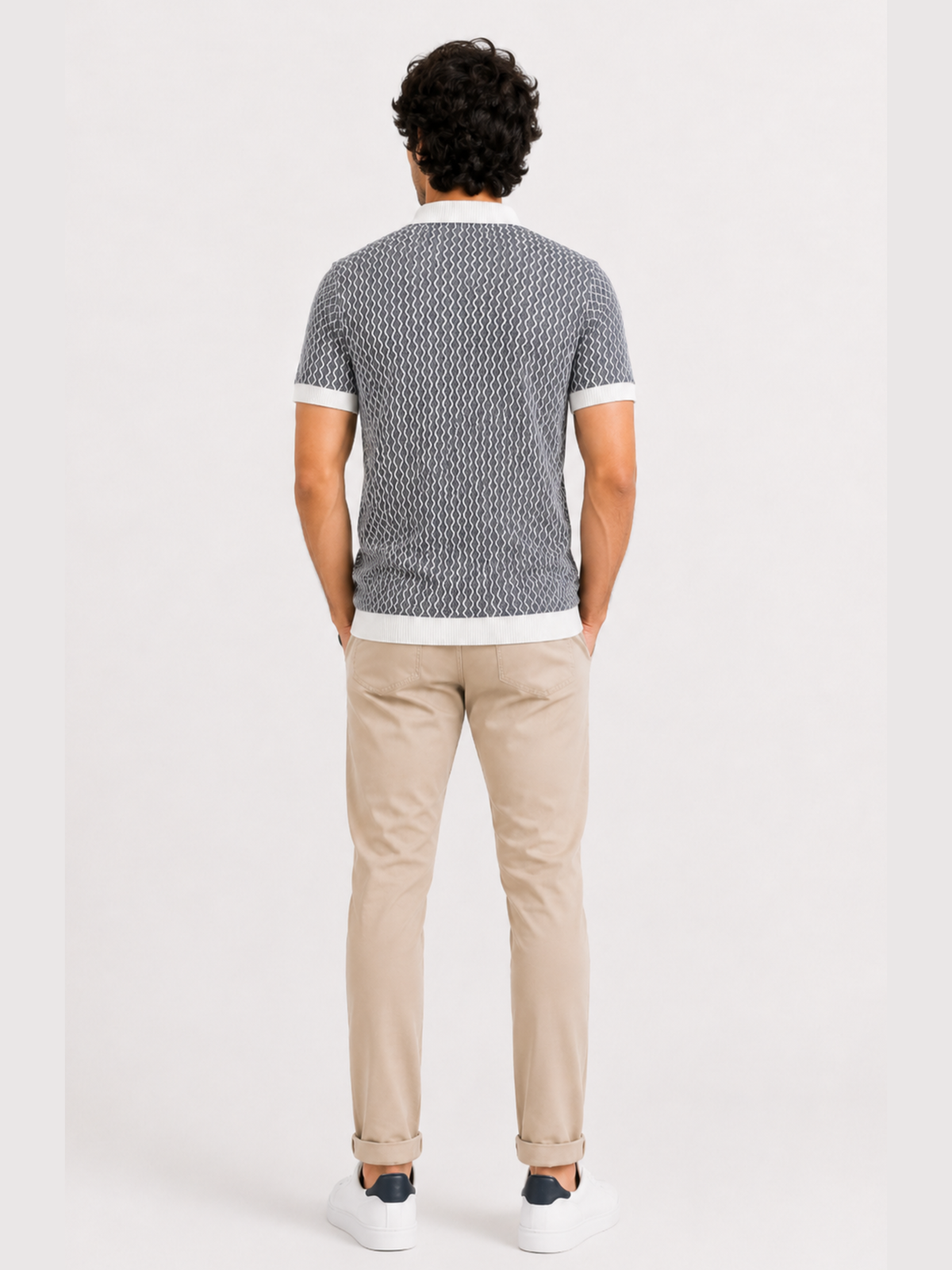 Slate Mosaic Geometric Jacquard Knit Polo - Grey & White by Cord Cult - back view
