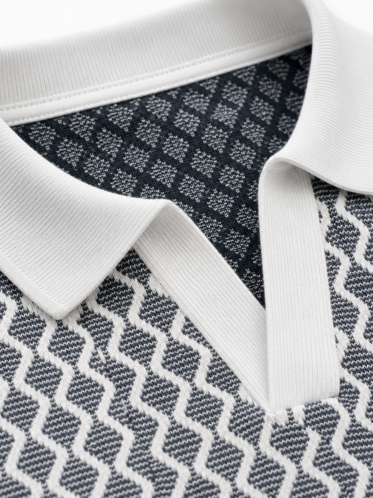 Slate Mosaic Geometric Jacquard Knit Polo - Grey & White by Cord Cult - detail view