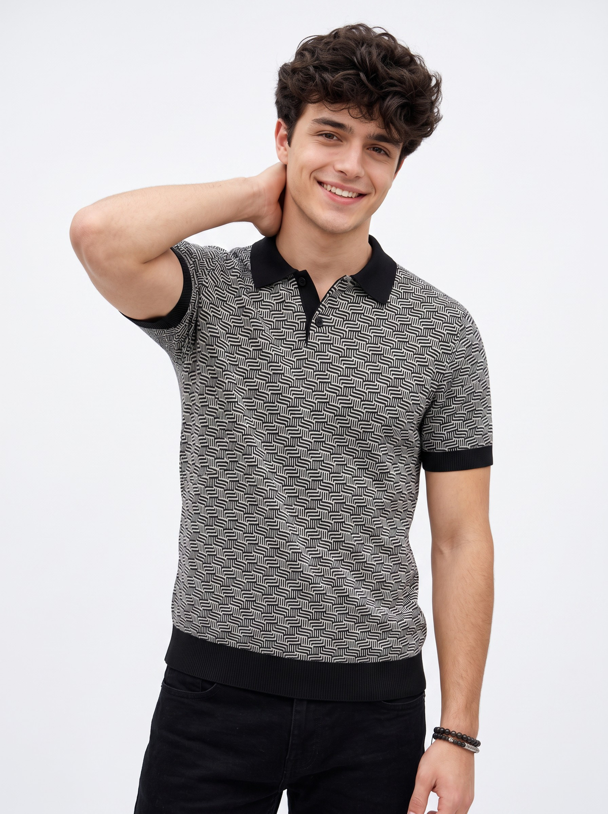 Blackstone Geometric Knit Polo - Black & Grey by Cord Cult - on-model view
